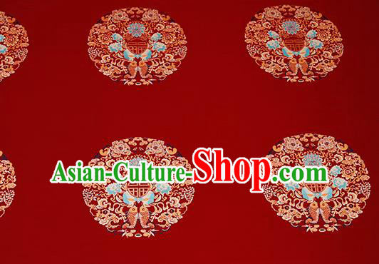 Top Grade Double Fishes Pattern Red Brocade Chinese Traditional Garment Fabric Cushion Satin Material Drapery