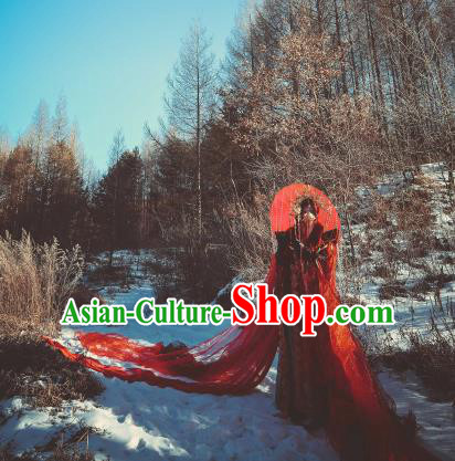 Chinese Ancient Cosplay Wedding Costumes Traditional Han Dynasty Prince Red Clothing and Headpiece for Men