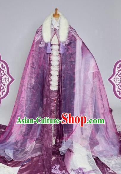 Chinese Ancient Swordswoman Purple Costumes Traditional Cosplay Peri Princess Embroidered Hanfu Dress for Women