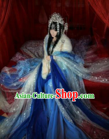 Chinese Ancient Imperial Consort Blue Costumes Traditional Cosplay Peri Embroidered Hanfu Dress for Women