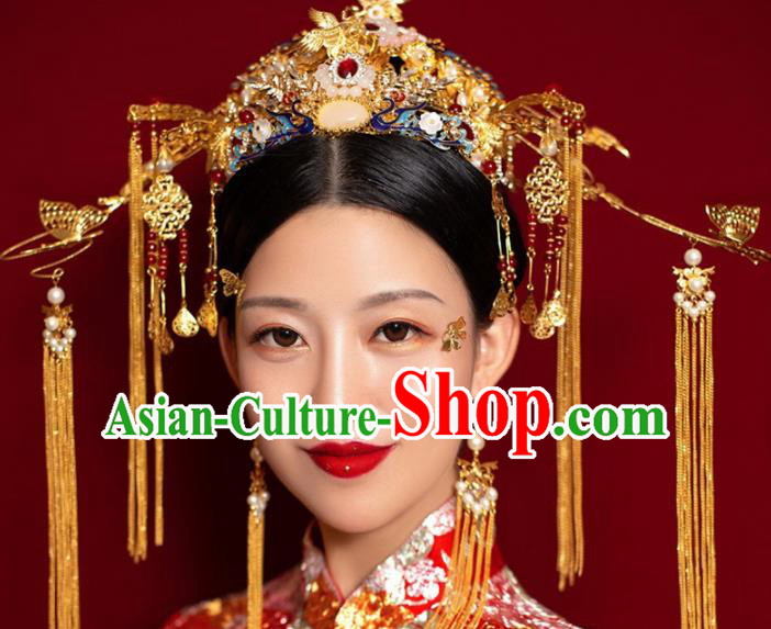Chinese Traditional Queen Phoenix Coronet Hairpins Ancient Xiuhe Suit Bride Handmade Hair Accessories for Women