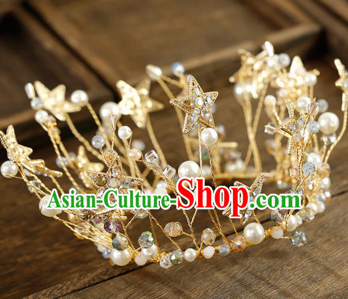 Top Grade Handmade Bride Crystal Stars Pearls Royal Crown Baroque Hair Accessories for Women