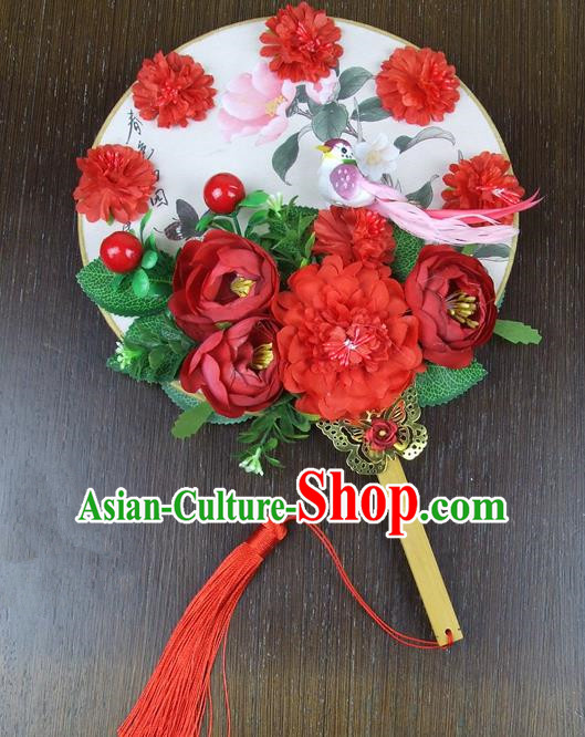Chinese Traditional Wedding Round Fans Ancient Bride Handmade Red Peony Palace Fans for Women