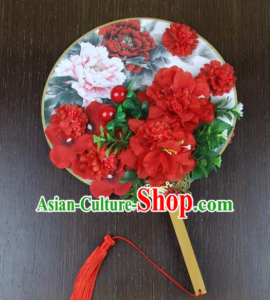 Chinese Traditional Wedding Red Peony Round Fans Ancient Bride Handmade Palace Fans for Women