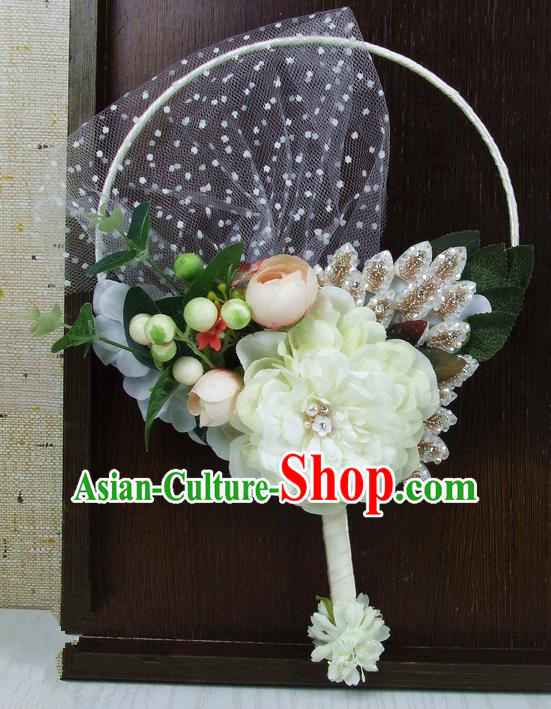 Chinese Traditional Wedding White Peony Round Fans Ancient Bride Handmade Palace Fans for Women
