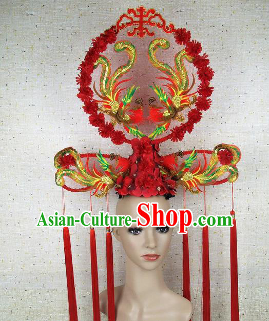 Top Grade Chinese Handmade Red Embroidered Phoenix Headdress Traditional Hair Accessories for Women