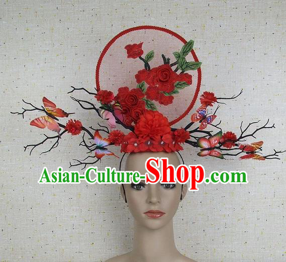 Top Grade Chinese Handmade Red Flowers Butterfly Headdress Traditional Hair Accessories for Women