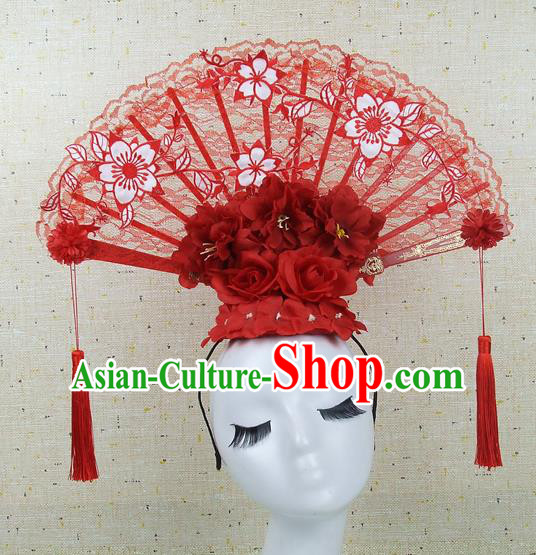 Top Grade Chinese Handmade Red Lace Hair Clasp Headdress Traditional Hair Accessories for Women