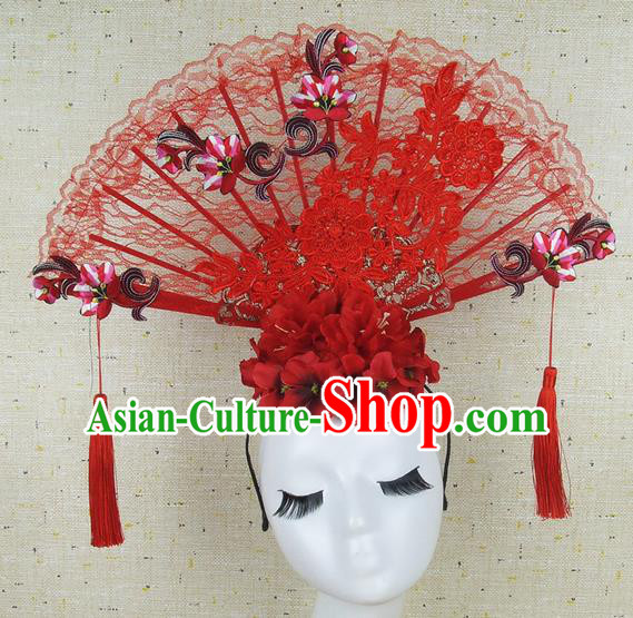Top Grade Chinese Handmade Red Embroidered Lace Hair Clasp Headdress Traditional Hair Accessories for Women