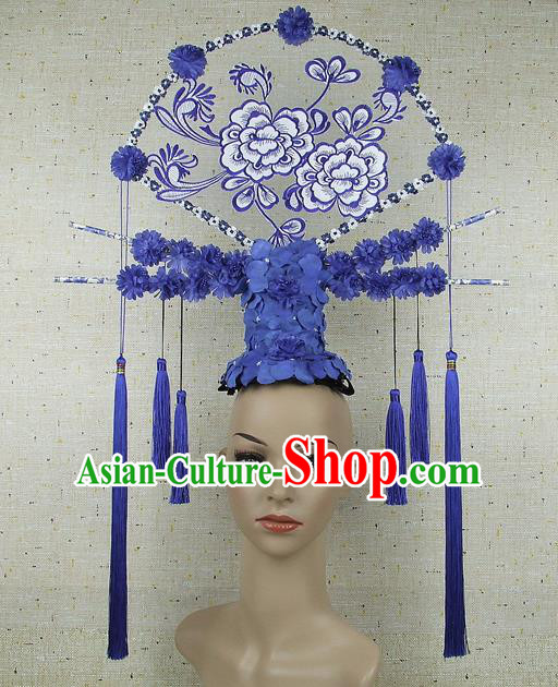 Top Grade Chinese Handmade Blue Flowers Headdress Traditional Hair Accessories for Women