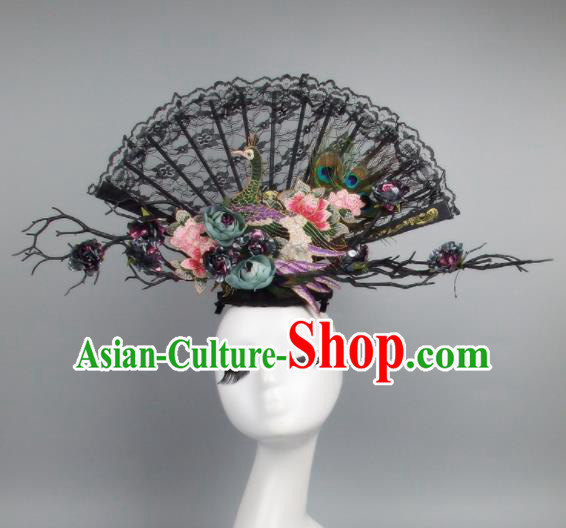 Top Grade Handmade Chinese Black Lace Peacock Palace Hair Clasp Traditional Hair Accessories Headdress for Women
