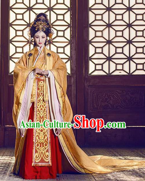 Chinese Ancient Traditional Palace Hanfu Dress Qin Dynasty Empress Embroidered Costumes and Headpiece Complete Set