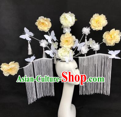 Chinese Traditional Palace Exaggerated Headdress Catwalks White Peony Hair Accessories for Women