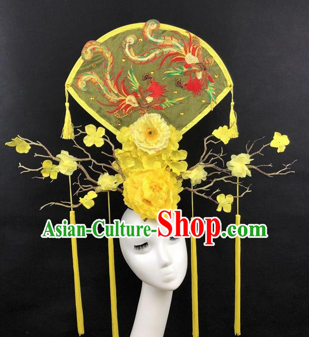 Chinese Traditional Palace Exaggerated Headdress Embroidered Phoenix Yellow Peony Catwalks Hair Accessories for Women
