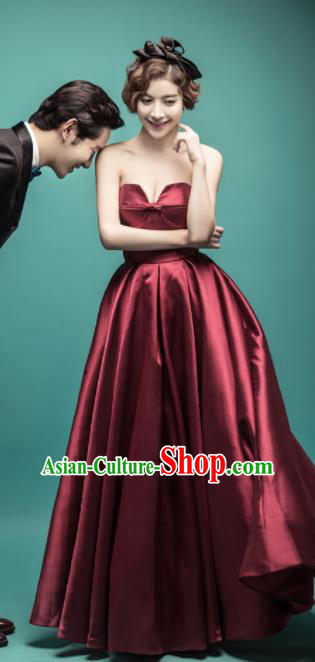 Top Grade Catwalks Costume Wine Red Satin Full Dress for Women