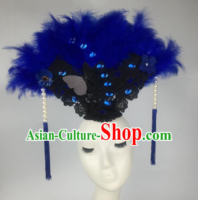 Top Grade Catwalks Hair Accessories Halloween Brazilian Carnival Blue Feather Headdress for Women