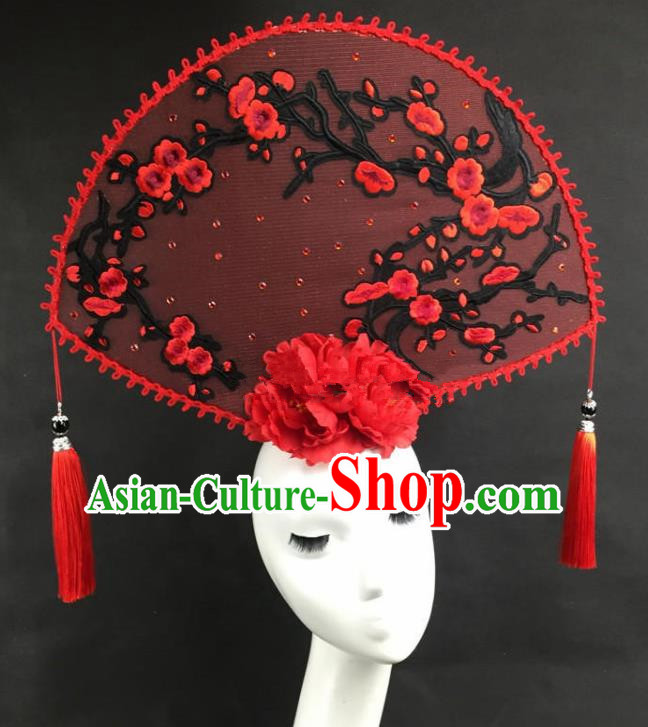 Chinese Traditional Catwalks Exaggerated Headdress Palace Red Wintersweet Hair Accessories for Women