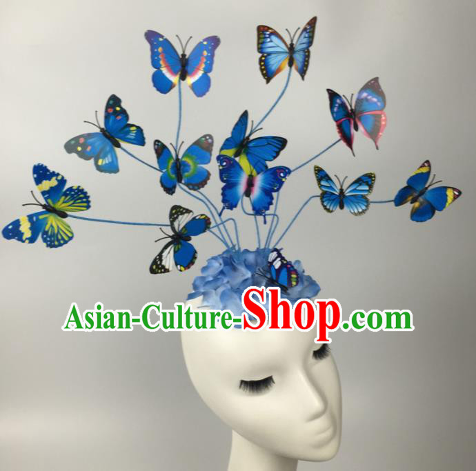 Top Grade Halloween Catwalks Headdress Brazilian Carnival Blue Butterfly Hair Accessories for Women