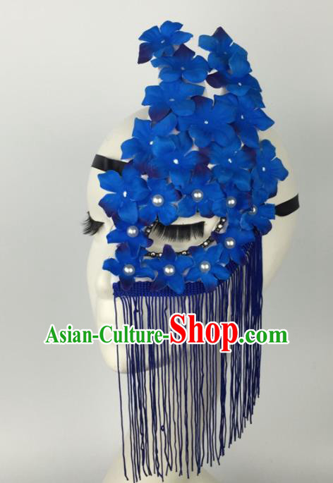 Halloween Exaggerated Accessories Catwalks Blue Flowers Tassel Masks for Women