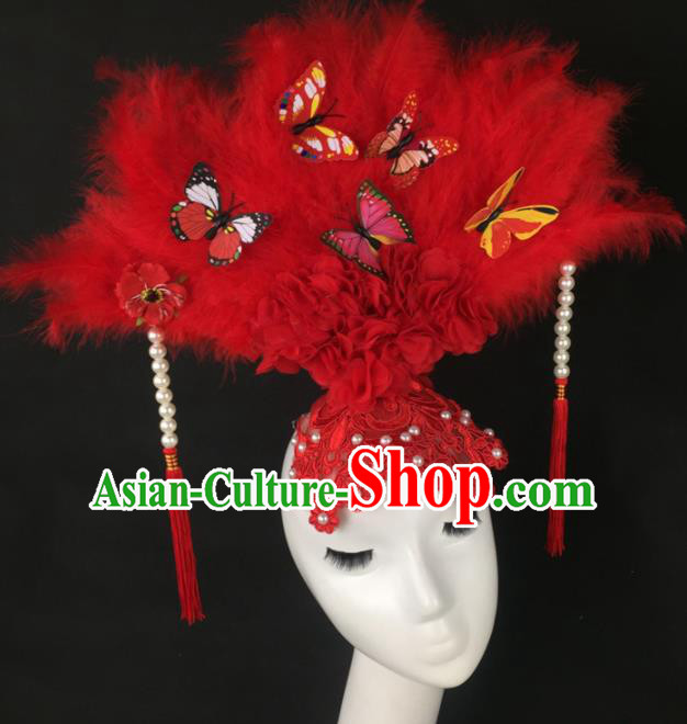 Top Grade Halloween Catwalks Hair Accessories Brazilian Carnival Red Feather Lace Headdress for Women