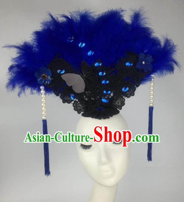 Top Grade Halloween Catwalks Hair Accessories Brazilian Carnival Blue Feather Lace Headdress for Women