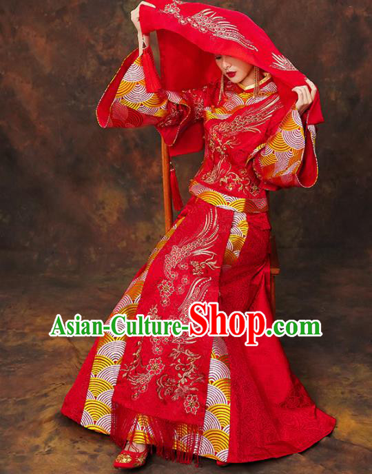 Chinese Traditional Wedding Red Costumes Ancient Bride Embroidered Xiuhe Suits for Women