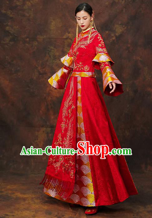 Chinese Traditional Wedding Red Costumes Ancient Bride Embroidered Xiuhe Suits for Women