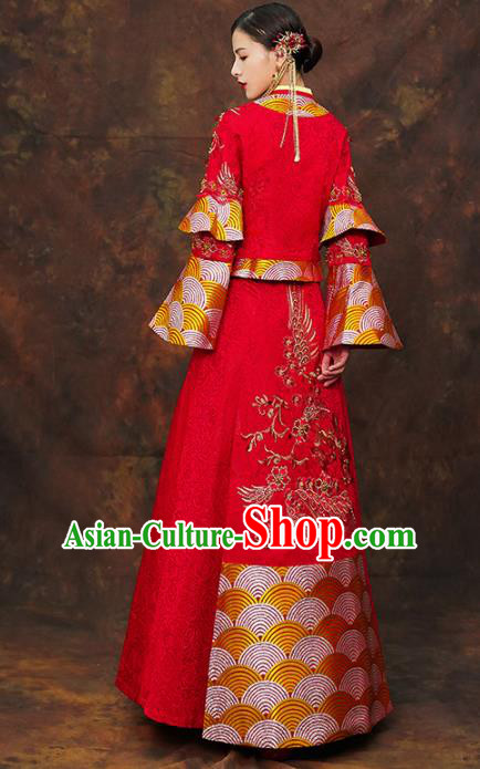Chinese Traditional Wedding Red Costumes Ancient Bride Embroidered Xiuhe Suits for Women