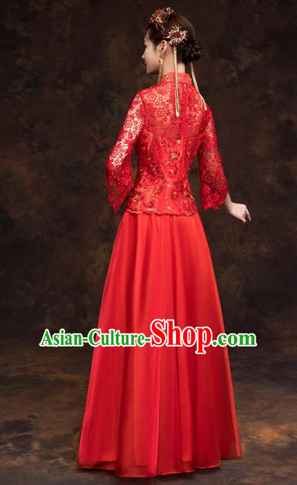 Chinese Traditional Wedding Red Costumes Ancient Bride Embroidered Lace Xiuhe Suits for Women