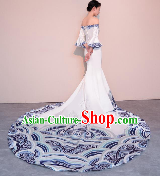 Top Grade Customized Wedding Dress Bride Trailing White Satin Full Dress for Women