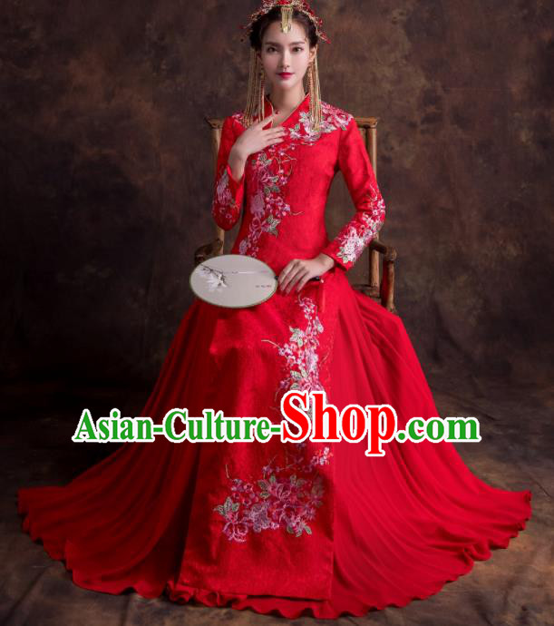 Chinese Traditional Bride Xiuhe Suits Ancient Embroidered Peony Red Wedding Dress for Women