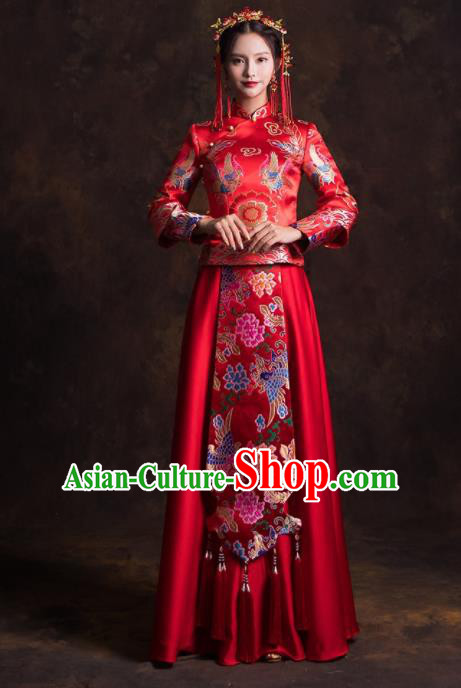 Chinese Traditional Red Satin Xiuhe Suits Ancient Bride Embroidered Wedding Dress for Women
