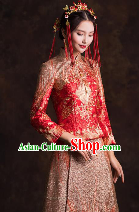 Chinese Traditional Golden Phoenix Xiuhe Suits Ancient Bride Embroidered Wedding Dress for Women