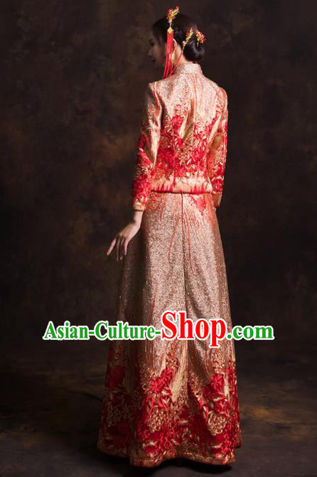 Chinese Traditional Golden Phoenix Xiuhe Suits Ancient Bride Embroidered Wedding Dress for Women