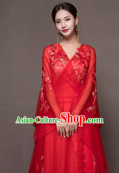 Chinese Traditional Embroidered Wedding Costumes Ancient Bride Red Veil Dress for Women