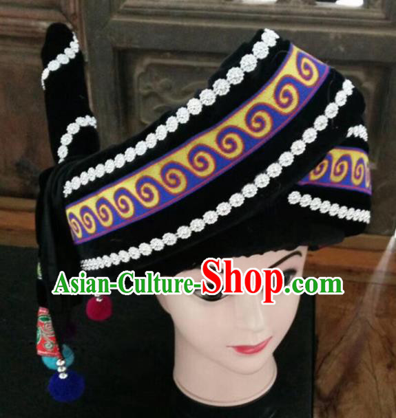 Chinese Traditional National Hat Ethnic Yi Nationality Black Hat for Men