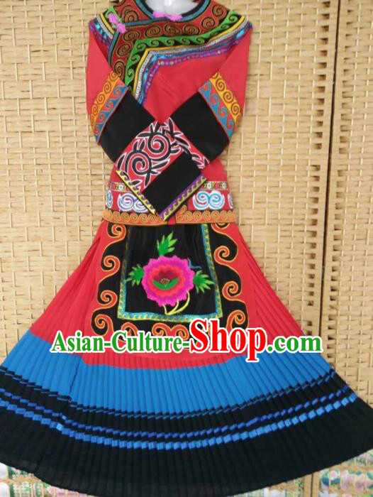 Chinese Traditional National Ethnic Costumes Yi Nationality Embroidered Dress for Women