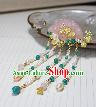 Asian Chinese Traditional Hanfu Pearls Tassel Hair Clip Ancient Palace Pink Chalcedony Hairpins for Women
