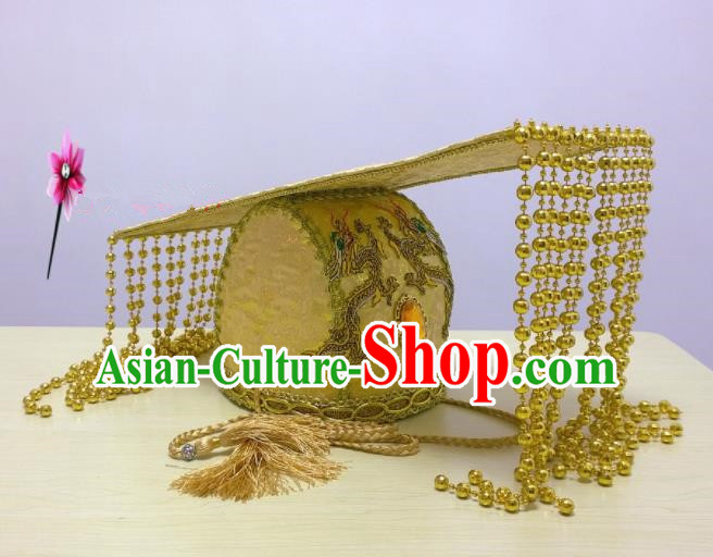 Chinese Traditional Hanfu Headdress Ancient Han Dynasty Emperor Golden Tassel Hat for Men