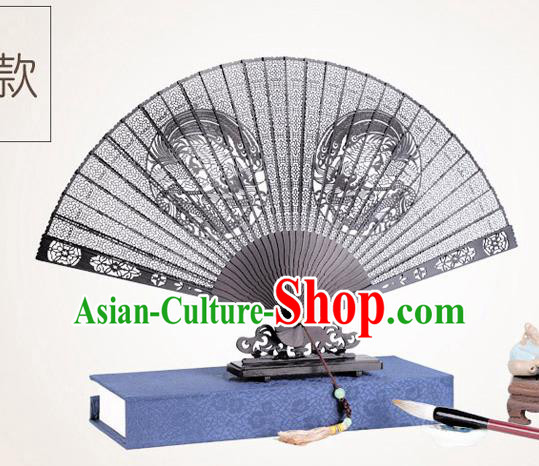 Chinese Traditional Crafts Sandalwood Folding Fans Pierced Dragon Phoenix Fans Accordion Fan