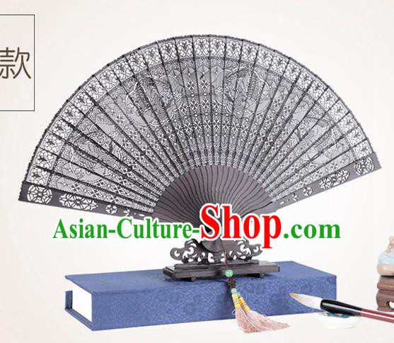 Chinese Traditional Crafts Sandalwood Folding Fans Pierced Phoenix Fans Accordion Fan