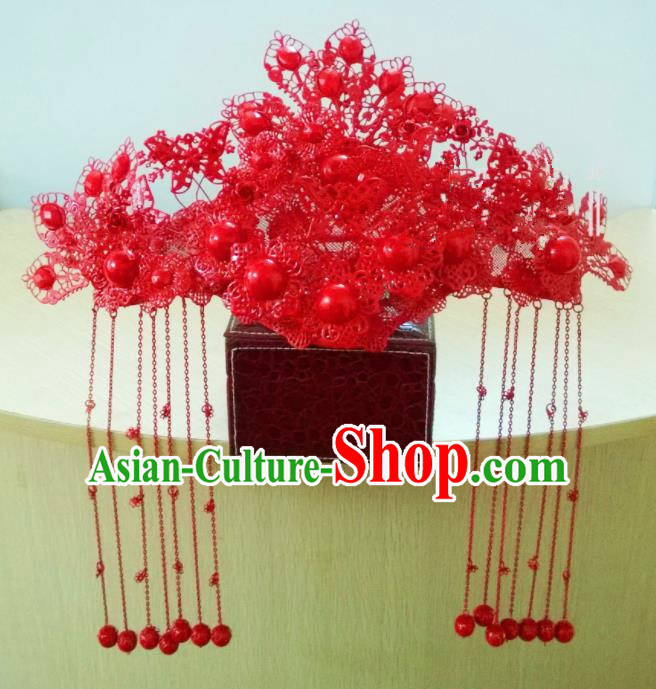 Chinese Classical Wedding Hair Accessories Traditional Ancient Bride Red Phoenix Coronet for Women