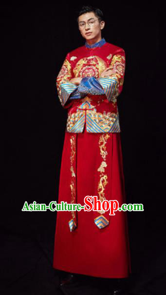 Chinese Traditional Wedding Red Embroidered Costumes Ancient Bridegroom Toast Clothing for Men