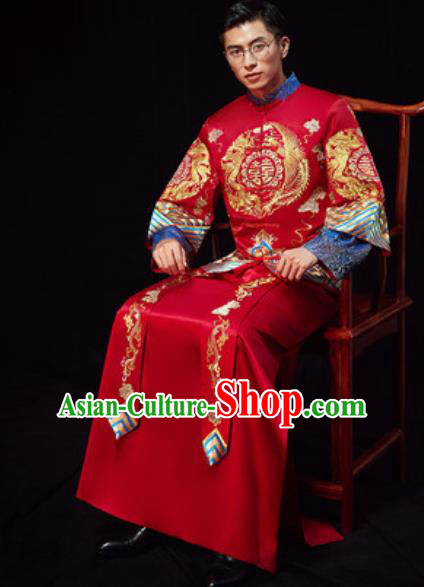Chinese Traditional Wedding Red Embroidered Costumes Ancient Bridegroom Toast Clothing for Men