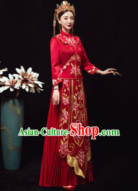 Chinese Traditional Red Xiuhe Suits Ancient Bride Embroidered Peony Wedding Dress for Women
