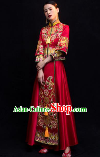 Traditional Chinese Wedding Costumes Ancient Bride Embroidered Peony Dress for Women