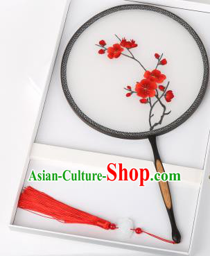 Chinese Traditional Palace Fans Embroidered Red Wintersweet Fans Ancient Hanfu Silk Round Fan for Women