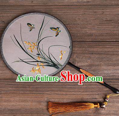 Chinese Traditional Palace Fans Embroidered Orchid Fans Ancient Hanfu Silk Round Fan for Women