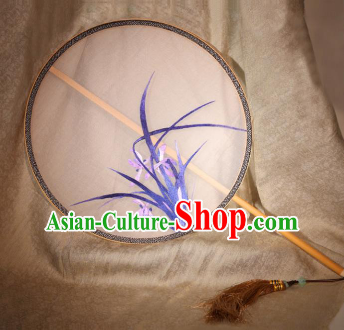 Chinese Ancient Traditional Palace Fans Hanfu Embroidered Orchid Round Fans Silk Fan for Women
