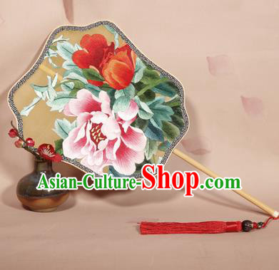 Chinese Ancient Princess Round Fan Traditional Embroidered Peony Palace Fans Hanfu Silk Fans for Women